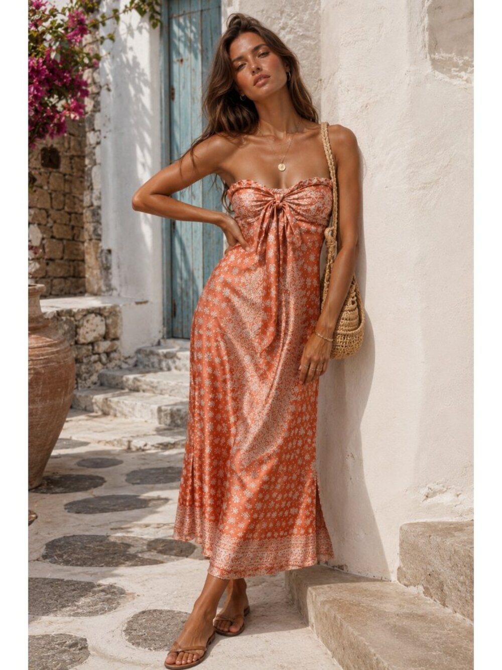 LUX M/L Coral Paisley Floral Strapless Maxi Dress Tie Front Boho Y2K